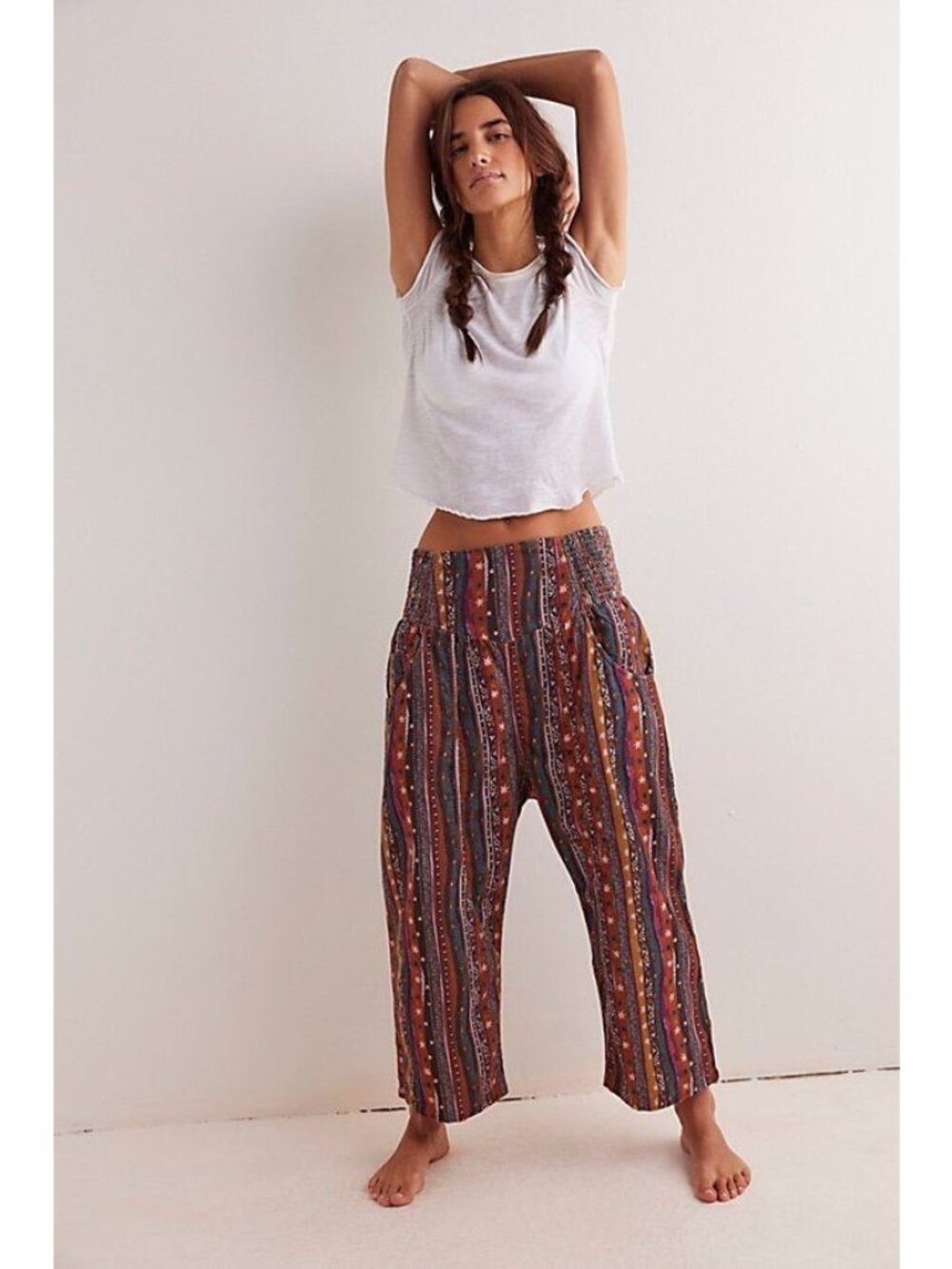 We The Free Peole Lunan Crop Harem Cord Printed Pants Boho Stripe L EUC